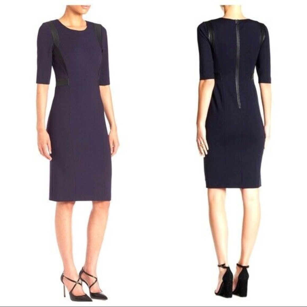 Rebecca Taylor Navy Faux-Leather-Trim Ponte 3/4-Sleeve Sheath Dress Size 2